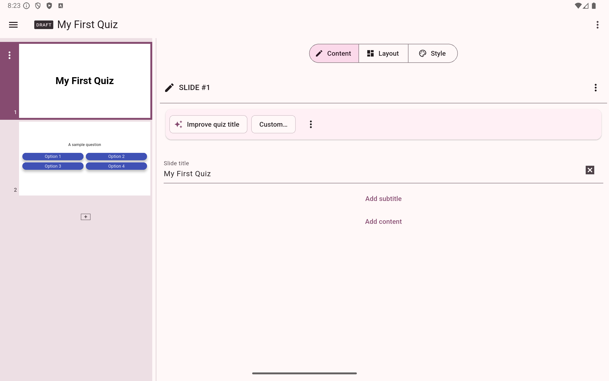 Quiz editor interface